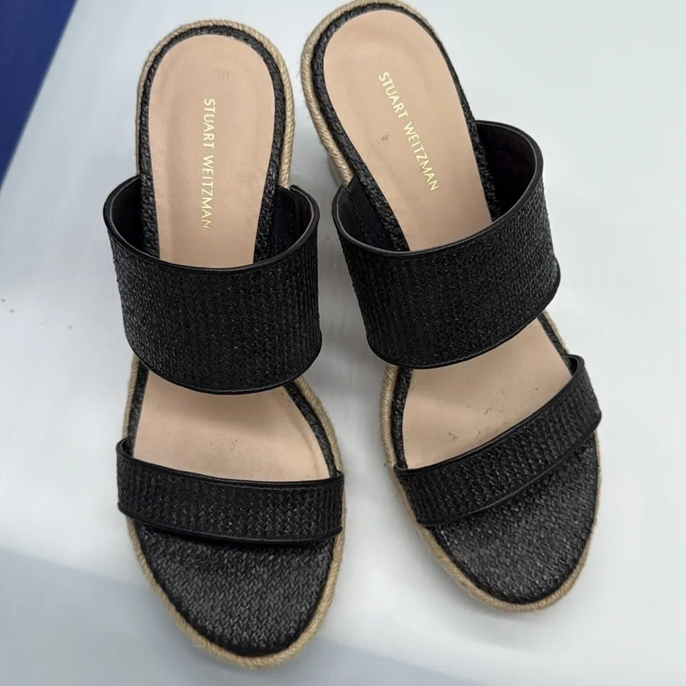 Stuart Weitzman Mykonos Two-Strap Wedge Sandals Herringbone Raffia & Black 38.5 - Picture 11 of 12